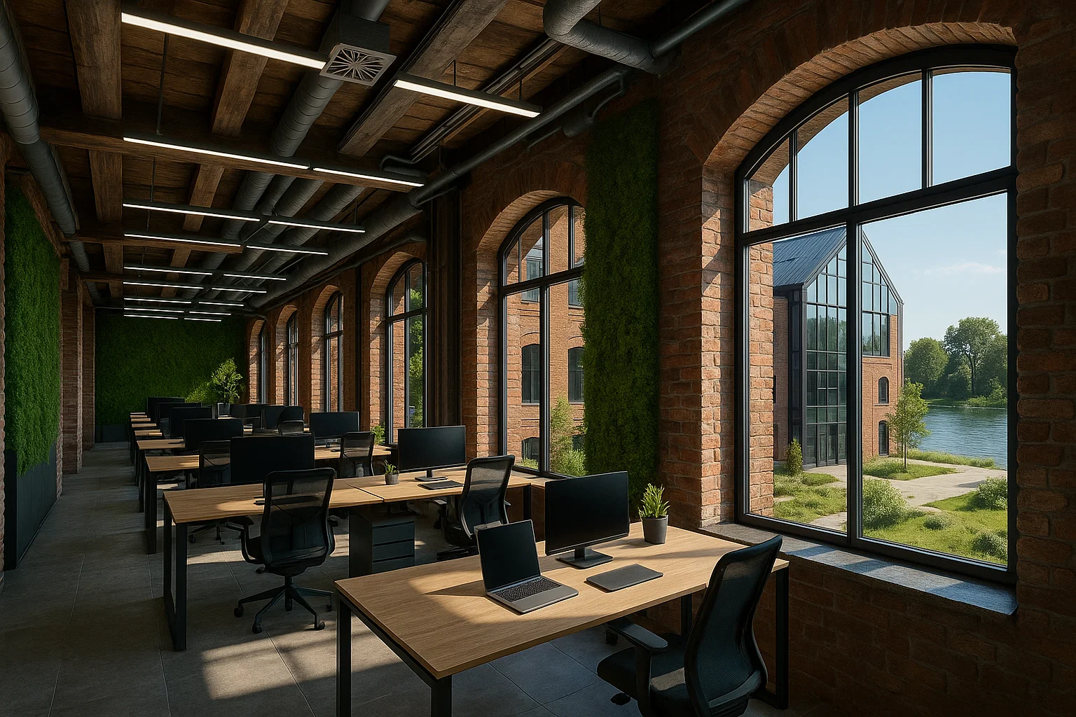 Nowoczesna przestrzeń coworkingowa w Szczecinie w odrestaurowanym budynku przemysłowym z ceglaną elewacją i zielonymi elementami wnętrza.