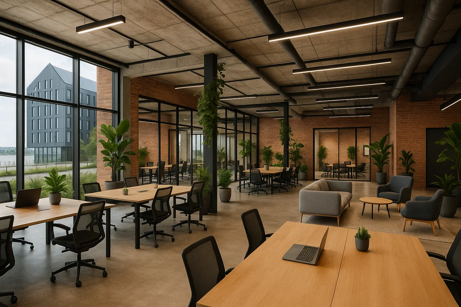 Nowoczesna przestrzeń coworkingowa w Szczecinie – jasne biura z przeszklonymi salami, ekologicznym designem i elementami inspirowanymi lokalną architekturą.