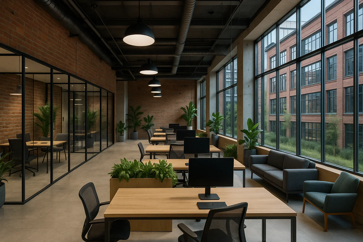 Nowoczesna przestrzeń coworkingowa w Szczecinie – jasne biura z przeszklonymi salami, zielonymi akcentami i industrialnym charakterem.